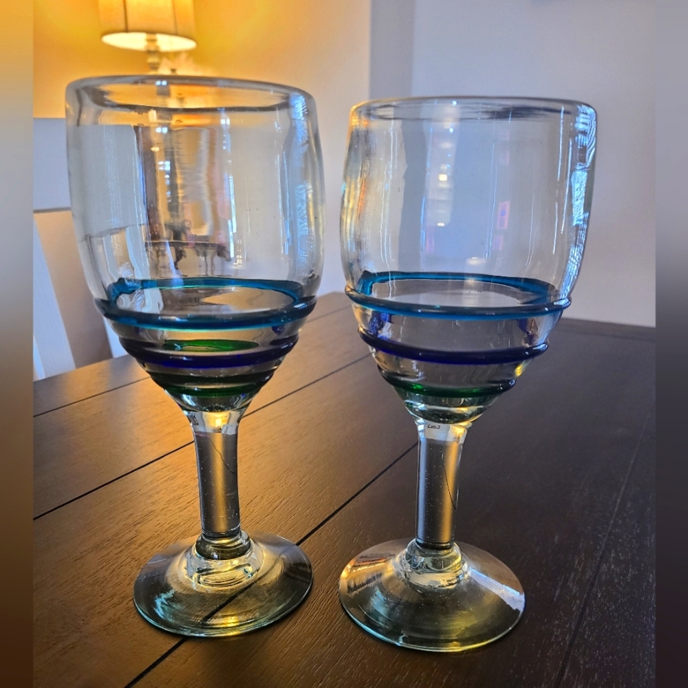Pier 1 Goblets. With a Turquoise, Dark Blue and Green Stripe.